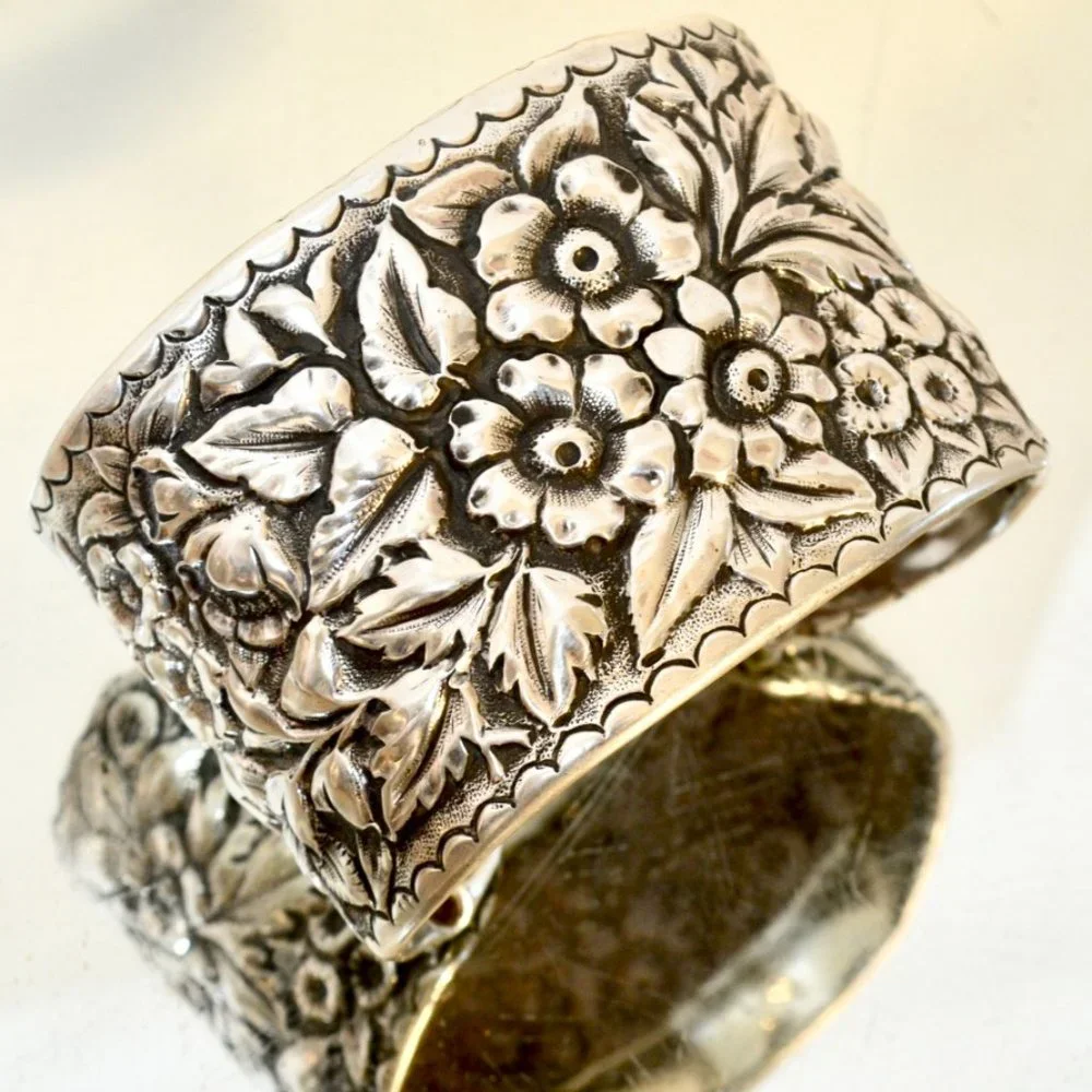 Art Nouveau Sterling Silver Floral Cuff Bracelet - Picture 6 of 12